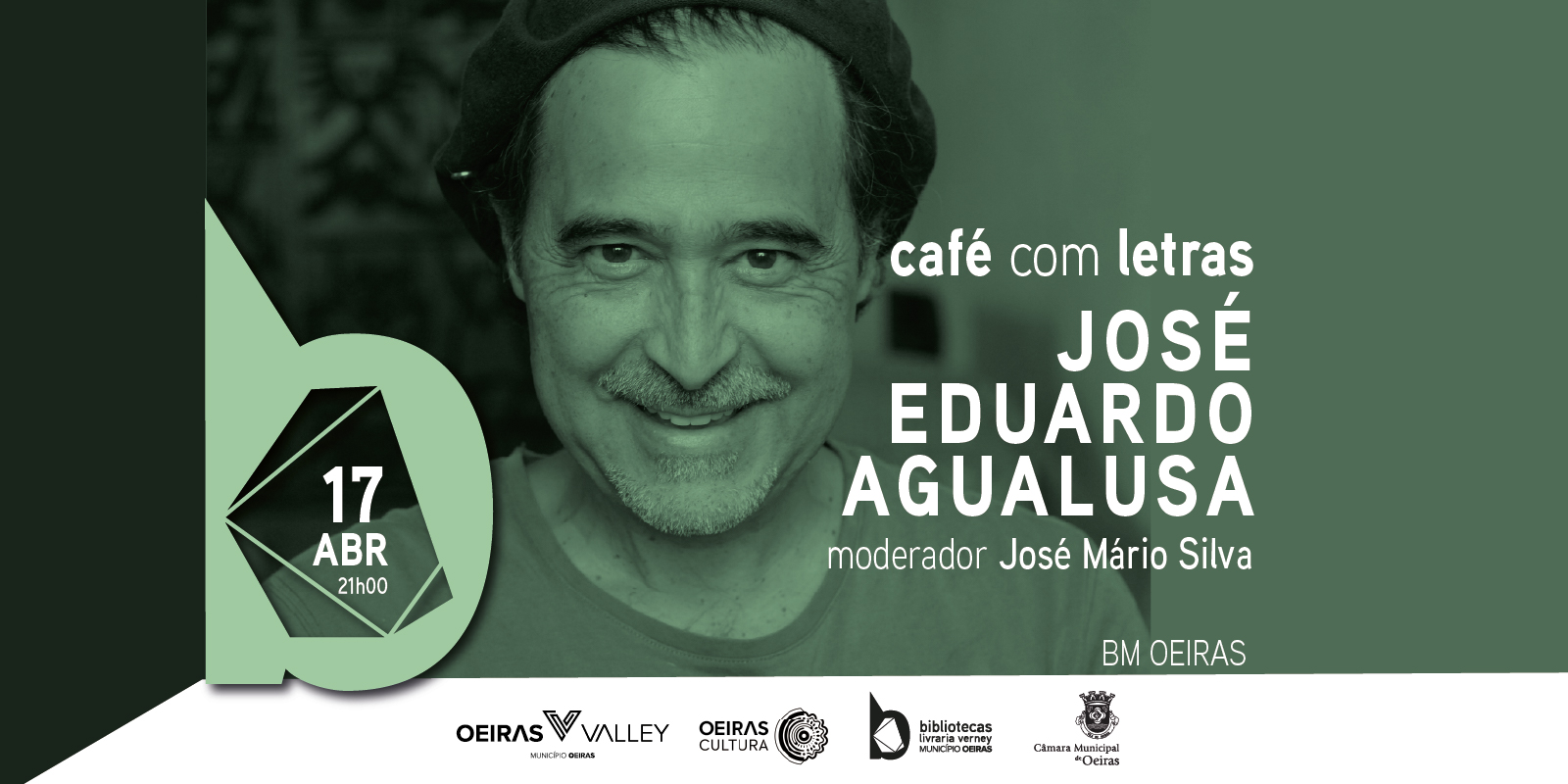Banner promocional do evento "Café com Letras" com o escritor José Eduardo Agualusa. A imagem apresenta um retrato em tons de verde do autor a sorrir e a usar uma boina. À direita, destaca-se o nome de José Eduardo Agualusa e do moderador José Mário Silva.